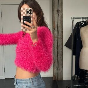 Fuzzy Pink Cropped Sweater